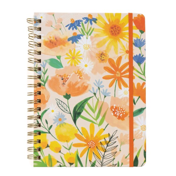 Front of Spiral notebook with an elastic to hold it closed, covered in almost water color drawn flowers mostly orange and yellow with some blue flowers